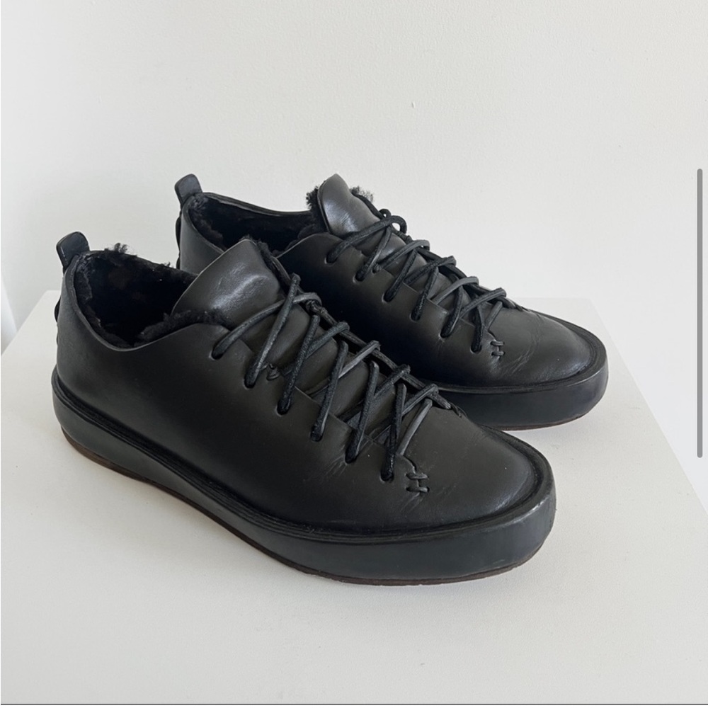 FEIT black luxury handmade low top leather shearling interior sneakers shoes